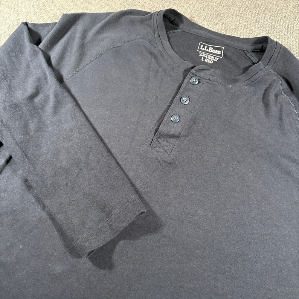L.L. Bean Henley Shirt Mens L Navy Blue Long Sleeve Traditional Fit Raglan
